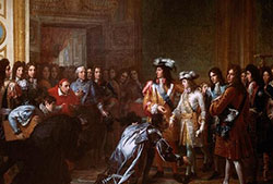 Proclamación de Felipe V como Rey de España en el Palacio de Versalles, el 16 de noviembre de 1700, por François Pascal Simon Gérard. Nieto del rey Luis XVI de Francia, es el primer monarca borbón en España (1700-1746). Fuente: Wikipedia.