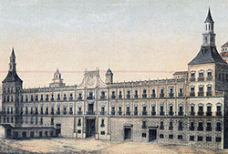 Vista del Real Alcázar de Madrid hacia 1710, por autor desconocido. Fue Palacio Real de la Monarquía Hispánica desde los Trastámara hasta 1734, cuando fue destruido por un incendio en la nochebuena. Tras el incendio se construyó el actual Palacio Real de Madrid. Fuente: Wikipedia.