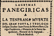 Portada de «Lágrimas panegíricas» a la muerte de Montalbán (Madrid, 1639).