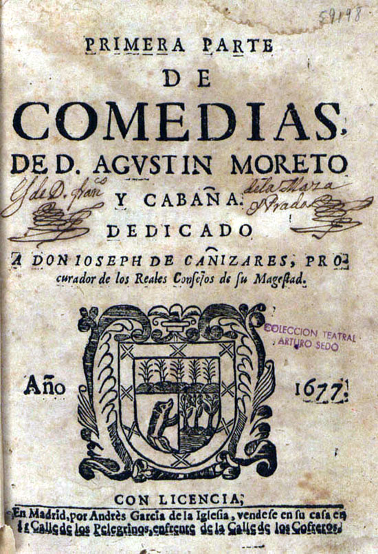 Portada de la «Primera parte de comedias» de Agustín Moreto (Madrid, 1677).