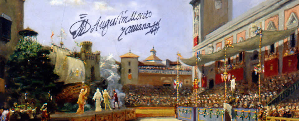 Diseño gráfico con la imagen de la Representación teatral en la Plaza de la Villa, de Joaquín Muñoz Morillejo. Cedida por el Museo de la Fundación Lázaro Galdiano y el Museo de Historia de Madrid