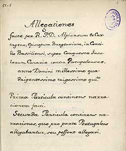 «Allegationes super conquesta Insularum Canariae contra portugalenses», Madrid, Biblioteca Nacional de España, Mss/11341, fol. 1r (Fuente: Biblioteca Digital Hispánica).