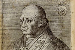 Calixto III. Calcografía por Giovanni Battista Cavalieri para «Pontificum romanorum effigies», Rome: Apud Franciscum Zanettum, 1580 (Fuente: Biblioteca Valenciana Digital - BIVALDI).