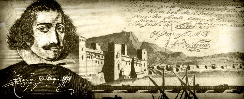 Diseño gráfico con una imagen de Antonio Enríquez Gómez y el castillo de San Jorge en Sevilla