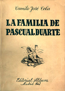Cubierta de «La familia de Pascual Duarte». Aldecoa, Madrid, 1942 (Fuente: Fundación Pública Gallega Camilo José Cela).