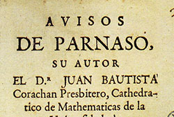 Portada de «Avisos de Parnaso», de Juan Bautista Corachán (Valencia, 1661-1741). La obra es edición del polígrafo valenciano Gregorio Mayans (Valencia, 1747). Imagen aportada por Alain Bègue.