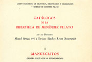 Cubierta de un catálogo de manuscritos de la Biblioteca de Menéndez Pelayo.