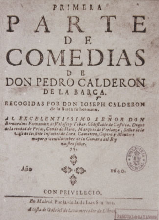 Portada de la <em>Primera parte de comedias</em>, de Calderón (Madrid, 1640).