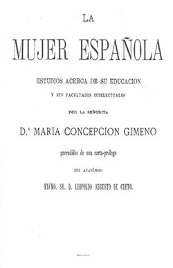 Portada de «La mujer española. Estudios acerca de su   educación y sus facultades intelectuales», Madrid, Imprenta y Librería   de Miguel Guijarro, 1877.