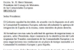 Carta del Presidente del Gobierno, Adolfo Suárez, al Presidente del Consejo de Ministros de las Comunidades Europeas, Henri Simonet, en la que se solicita la adhesión de España a Europa, 26 de julio de 1977.
