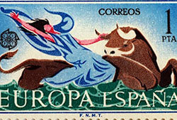 Sello postal de una peseta con simbología de España y Europa.