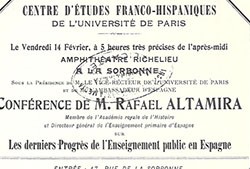Invitación de la conferencia de Rafael Altamira en el Centro de Estudios Franco-Hispánicos de la Universidad de París (1913).