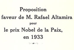 Propuesta sobre Rafael Altamira para el Premio Nobel de la Paz en 1933.