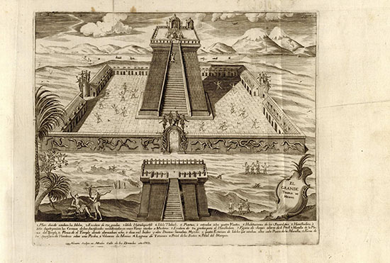 Grabado «Plaza del templo donde danzaban los indios», en Historia de Nueva-España, de Hernán Cortés