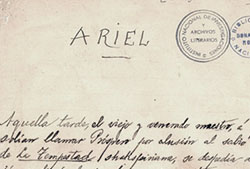 Primera página de «Ariel» en el manuscrito de 1899 (Fuente: Imagen cortesía del Archivo Literario de la Biblioteca Nacional de Uruguay)