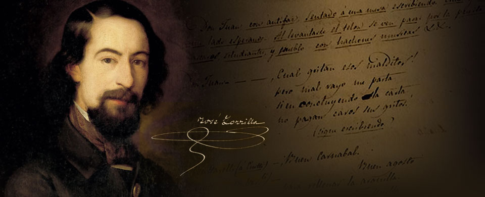 Imagen con montaje fotográfico de retrato a color de José Zorrilla sobre una página manuscrita de Don Juan Tenorio y su firma.
