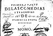 Portada de la <em>Primera parte de las comedias y tragedias de Juan de la Cueva dirigidas a Momo</em>.