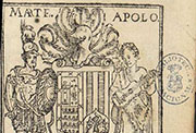 Escudo del linaje de Juan de la Cueva, flanqueado por Marte y Apolo, y aparece la divisa «Gesta Cano».