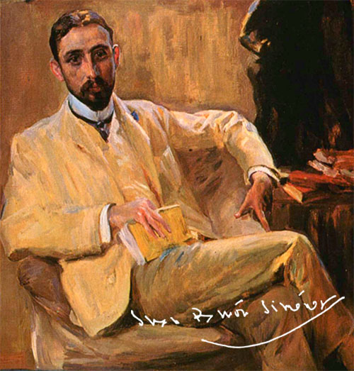 Montaje fotográfico con retrato al óleo de Juan Ramón Jiménez pintado por Joaquín Sorolla con firma del poeta.