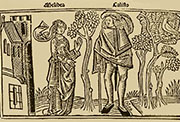 Ilustración del primer acto de la «Comedia de Calisto y Melibea», impresa en Burgos por Fadrique de Basilea, 1499.