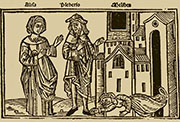 Ilustración del último acto de la «Comedia de Calisto y Melibea», impresa en Burgos por Fadrique de Basilea, 1499.