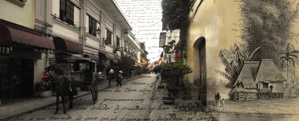 Diseño gráfico con una imagen de una calle de la ciudad filipina de Vigan y un grabado del Diario de Manila