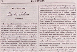 Inicio del artículo «De la crítica en los salones», firmado por Eugenio de Ochoa, publicado en «El Artista» (Madrid. 1835). Tomo II, 1835, pp. 6-7.