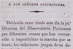 Breve nota aparecida en el último número del «Observatorio pintoresco» (30 de octubre de 1837) que recomienda la lectura de «El siglo XIX»