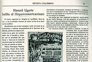 Primera página del artículo «Manuel Ugarte habla al Hispanoamericanismo» (Fuente: «La Rábida», Huelva, año XV, n.º 156 (31/7/1927), pp. 13-14).