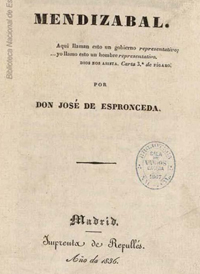 Portada de «El Ministerio de Mendizábal», por José de Espronceda. Fuente: BNE.