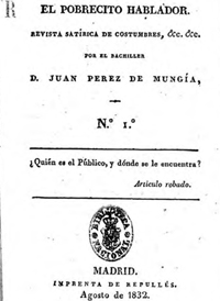 Portada de «El Pobrecito Hablador: revista satírica de costumbres», núm. 1, agosto de 1832.