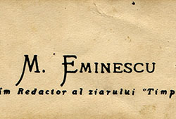Tarjeta de visita de Mihai Eminescu como redactor principal del periódico «Timpul» (Fuente: © Memorial Ipoteşti).
