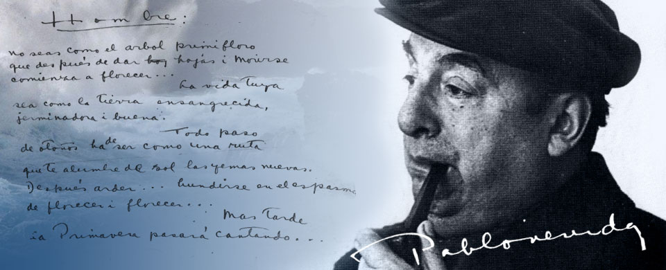 Fotografía de Pablo Neruda y texto manuscrito del autor