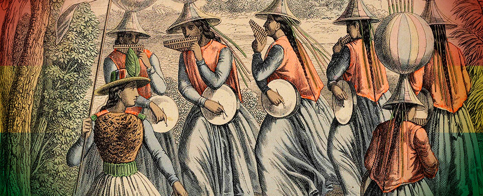 Imagen con un montaje a color de un grabado anónimo del siglo XIX con siete mujeres bolivianas bailando una danza típica.