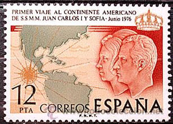  Sello conmemorativo del primer viaje oficial de los Reyes al continente americano (junio 1976). 