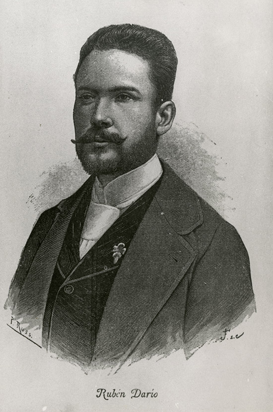 Retrato de Rubén Darío (1892). Dibujo realizado por P. Russ