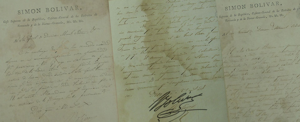 Imagen con montaje fotográfico de tres cartas manuscritas de Simón Bolívar.
