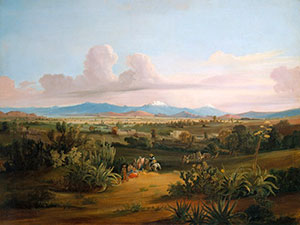 «Vista de Valle de México con volcanes y lago de Texcoco», por Mauricio Rugendas, 1883 (Colección Patricia Phelps de Cisneros - Fuente: Wikimedia)