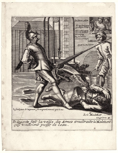 D. Quixote fait la veille des Armes et maltraitte 2 Muletiers quy vouloient puiser de l'eau.