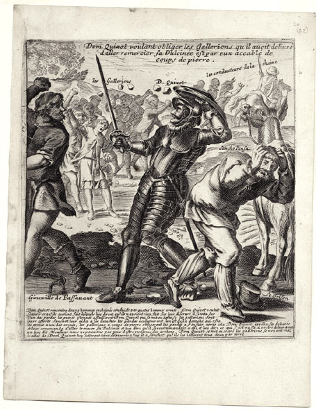 Dom Quixot voulant obliger les Galleriens qu il auoit deliuré daller remercier sa Dulcinée est par eux accablé de coups de pierre