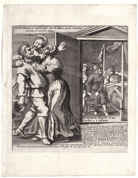 Sancho Panca est maltraitté par la Niece et la Nourice comme il vouloit entrer / La visite du Magister et du Barbier a d Quixote