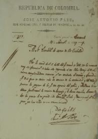[Carta de José Antonio Páez, Jefe Superior Militar y Civil al Sr. Comandante de Armas de Puerto Cabello. Caracas 3 de febrero de 1829]