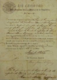 [Carta de concesión de José Antonio Páez como Jefe Superior Civil y Militar de la República a Manuel María España del cargo de Segundo Comandante de Infantería de Milicias, en Caracas a 18 de abril de 1863]