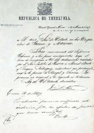 [Carta de José Antonio Páez al Sr. Secretario del Estado, en los Despachos de Guerra y Marina, 13 de enero de 1847]