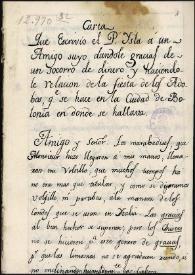 Carta que escribió el P. Isla a un amigo suyo, dándole gracias de un socorro de dinero y haciéndole relación de la fiesta de los Adobos, que se hace en la ciudad de Bolonia, donde se hallaba, 26 de noviembre de 1772