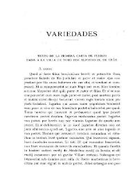 Texto de la primera carta de Fueros dada a la villa de Toro por Alfonso IX de León