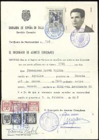 Certificado de nacionalidad de Francisco Rabal expedido por el Servicio Consular de la Embajada de España en Italia. 5 de febrero de 1958