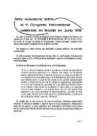 Nota aclaratoria sobre el VI Congreso Internacional celebrado en Madrid en Junio 1978