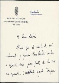 Tarjeta de Pedro Laín Entralgo a Francisco Rabal. 12 de agosto de 1969