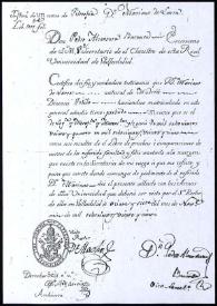 Certificados de Estudios en  Lógica, Métrica y Matemáticas de Mariano José de Larra expedido por la Universidad de Valladolid